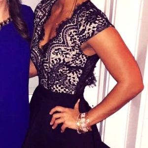 Formal Open Back Cap Sleeve Black Flare Dress